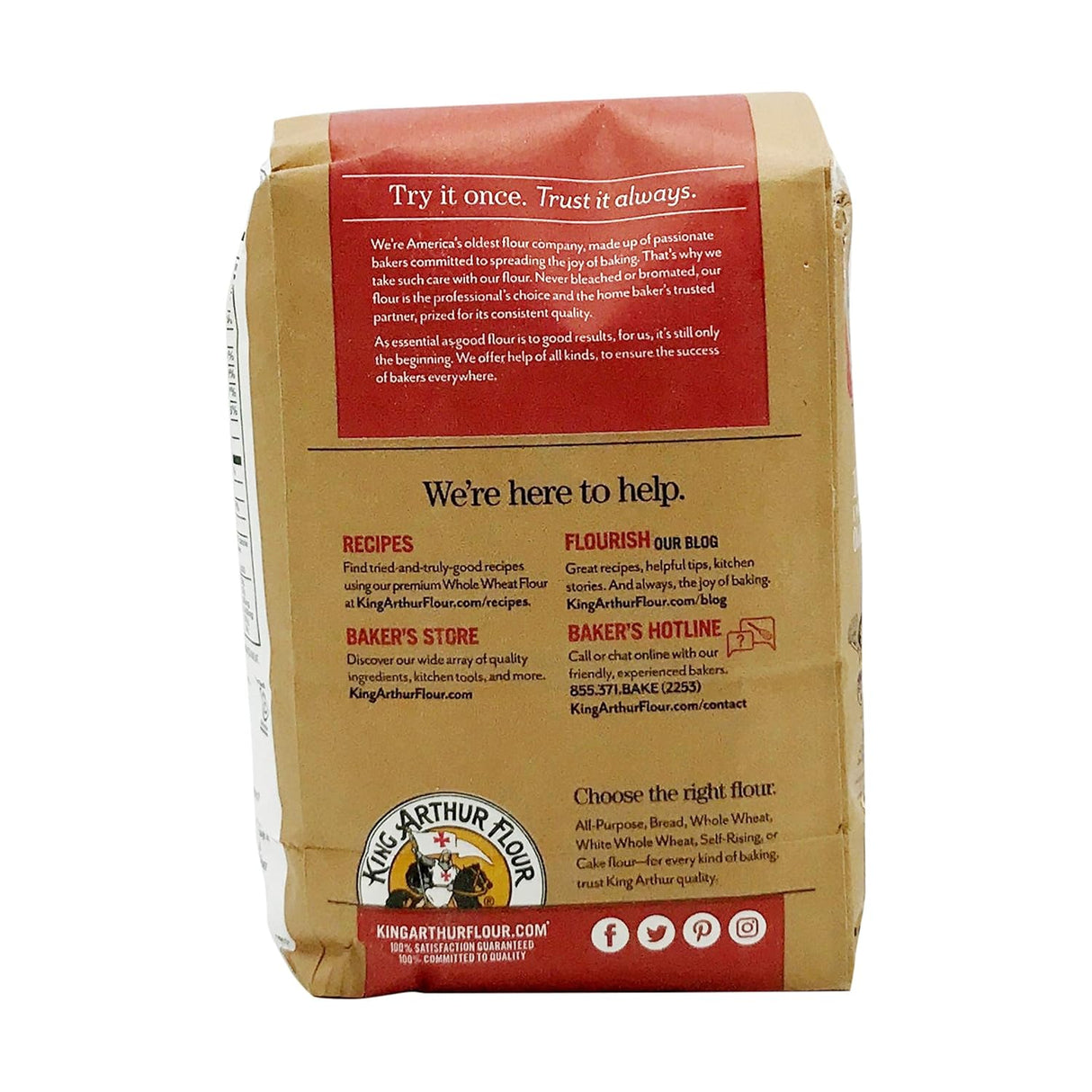 King Arthur 100% Whole Wheat Flour, Case of 12 (2 lb bags)
