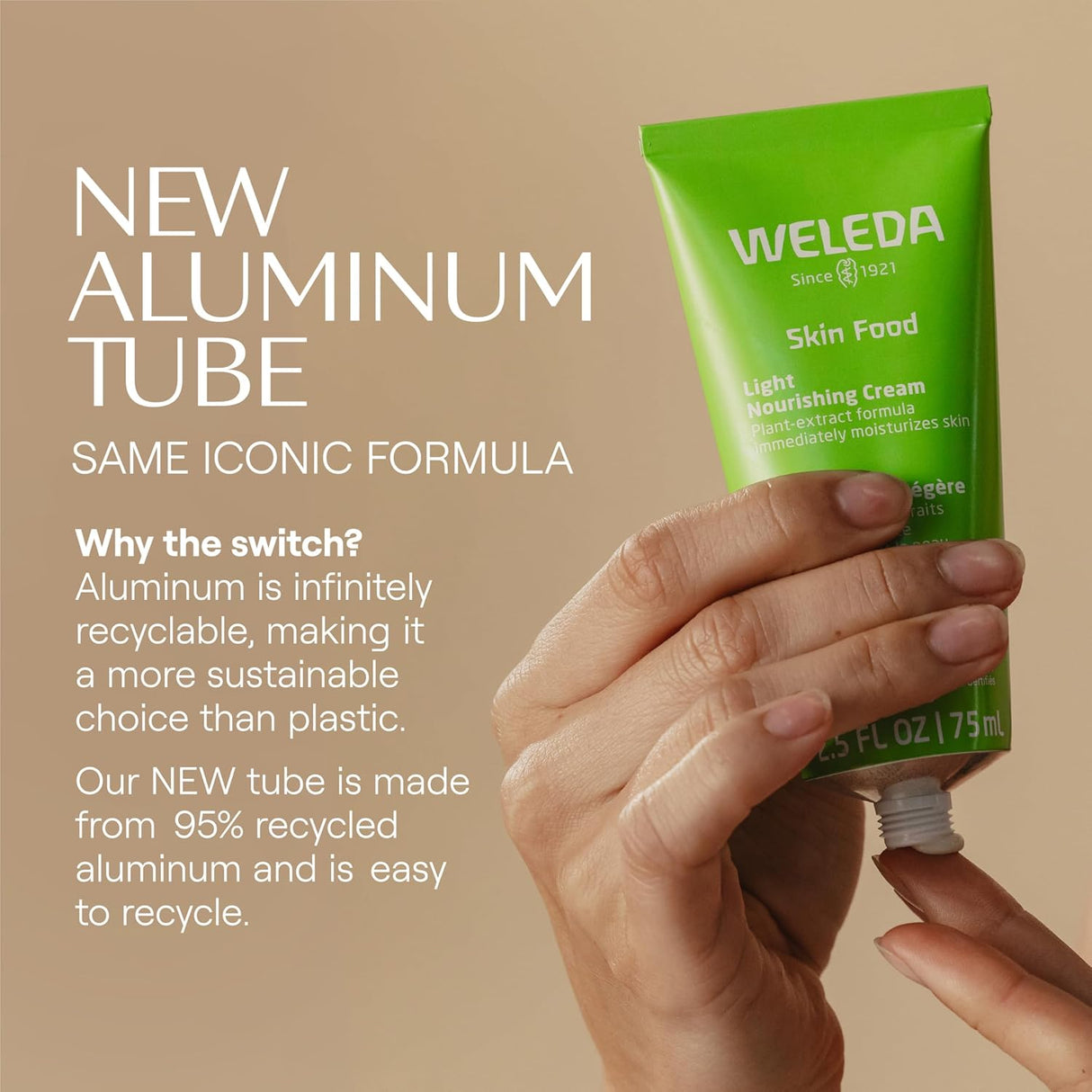 Green Weleda skin care product in a hand with text about new aluminum tube and sustainability.