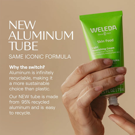 Green Weleda skin care product in a hand with text about new aluminum tube and sustainability.