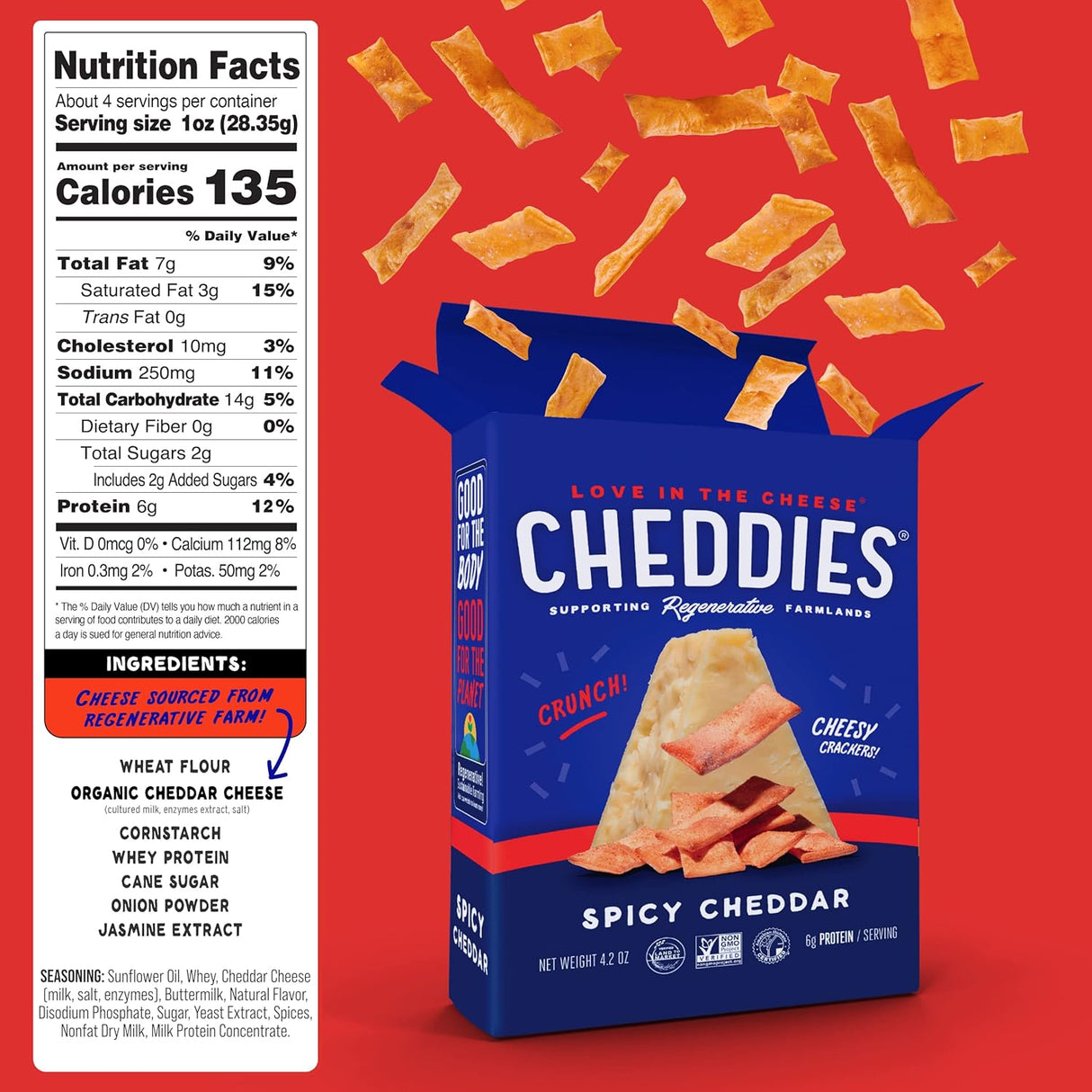 Cheddies Spicy Cheddar crackers packaging with nutrition label on a red background