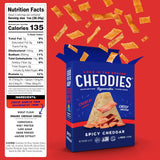 Cheddies Spicy Cheddar crackers packaging with nutrition label on a red background