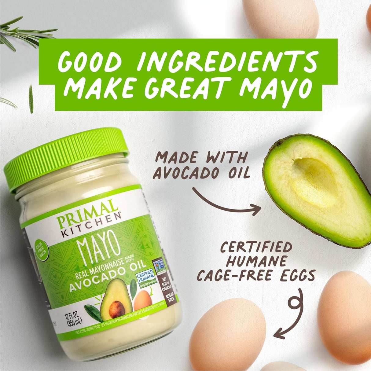 Primal Kitchen Mayo jar with avocado and eggs on a light background, featuring text about ingredients.
