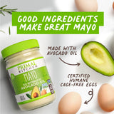 Primal Kitchen Mayo jar with avocado and eggs on a light background, featuring text about ingredients.