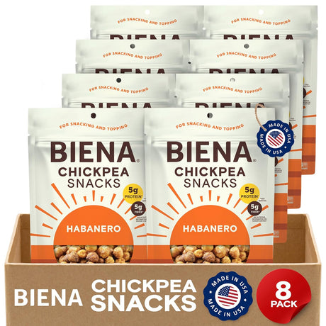BIENA Habanero Chickpea Snacks packaging with a cardboard display box.
