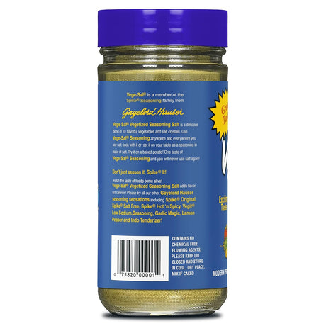Jar of seasoning with a blue label and purple lid on a white background