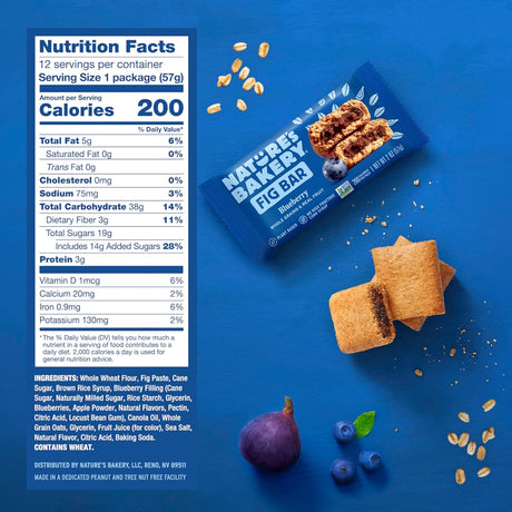 Nature's Bakery Blueberry Fig Bars, Stone Ground Whole Wheat, 2 oz, Pack of 12