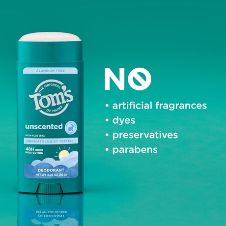 Tom's of Maine Unscented Deodorant Stick, 3.25 oz (Case of 6)