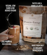 Truvani Protein + Energy Vanilla Latte mix with a glass of latte and protein powder.