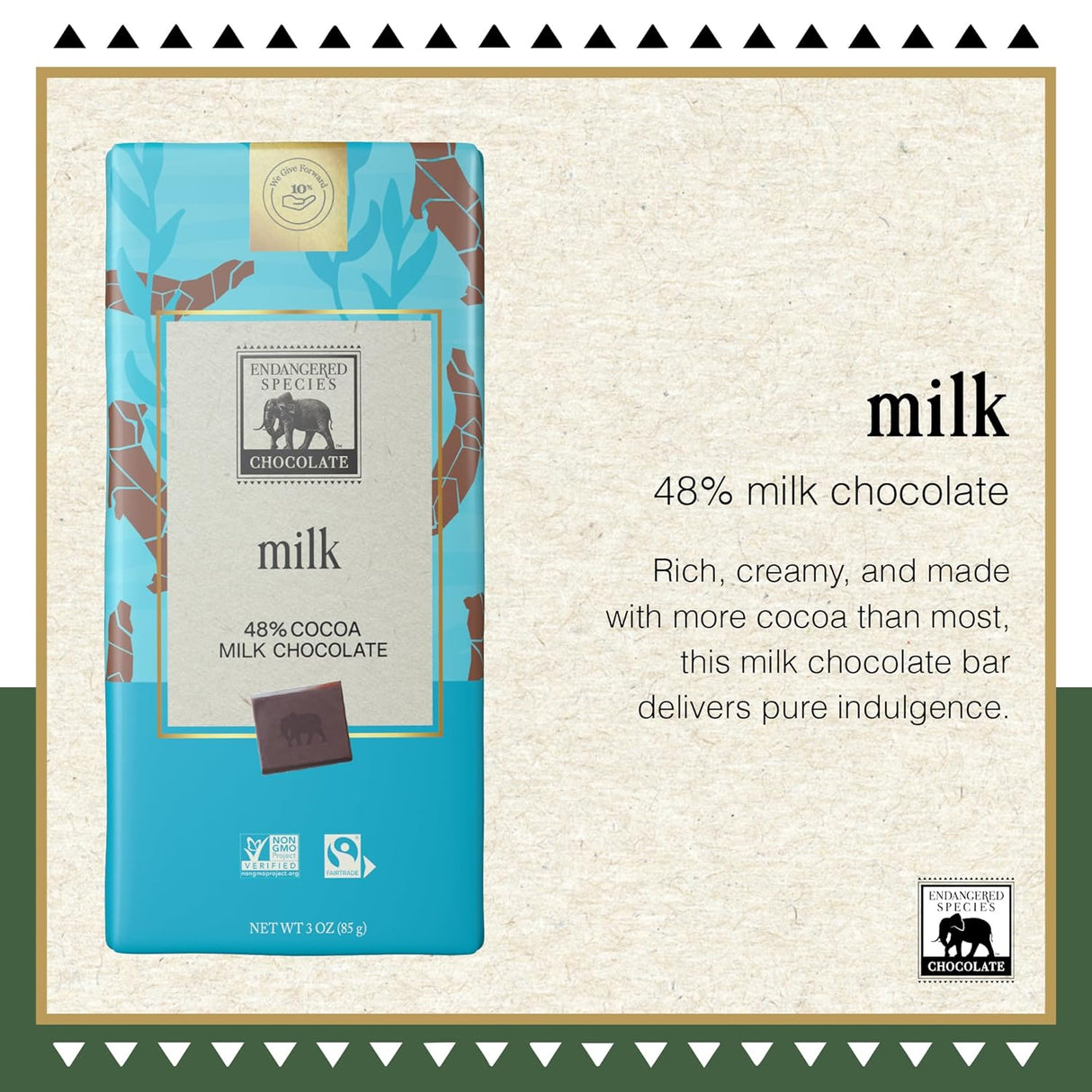 Chocolate bar packaging with text on a decorative background