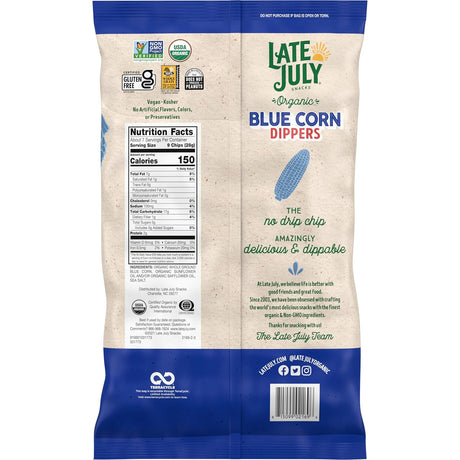 Bag of Late July Blue Corn Dippers with branding and nutritional information.