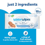 WaterWipes packaging with text highlighting ingredients on a blue background