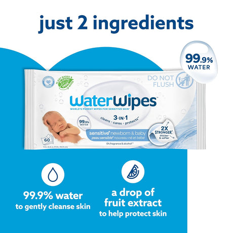 WaterWipes packaging with text highlighting ingredients on a blue background