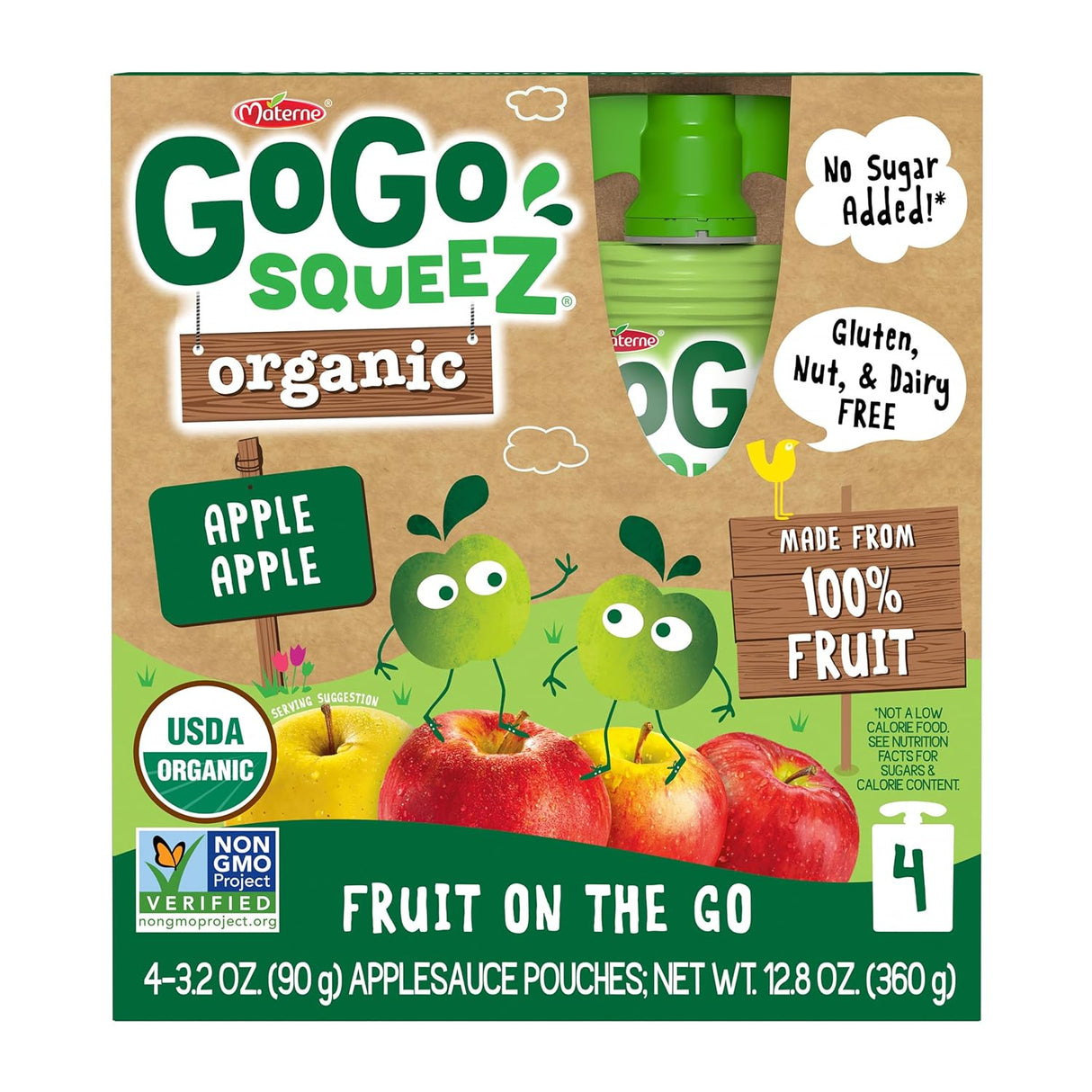GoGo SqueeZ organic apple sauce packaging with cartoon apples on a cardboard background