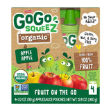 GoGo SqueeZ organic apple sauce packaging with cartoon apples on a cardboard background