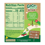 Nutrition facts label for Gogo Squeeze organic product with cartoon characters and green design.