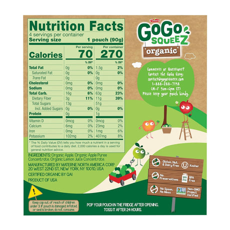 Nutrition facts label for Gogo Squeeze organic product with cartoon characters and green design.