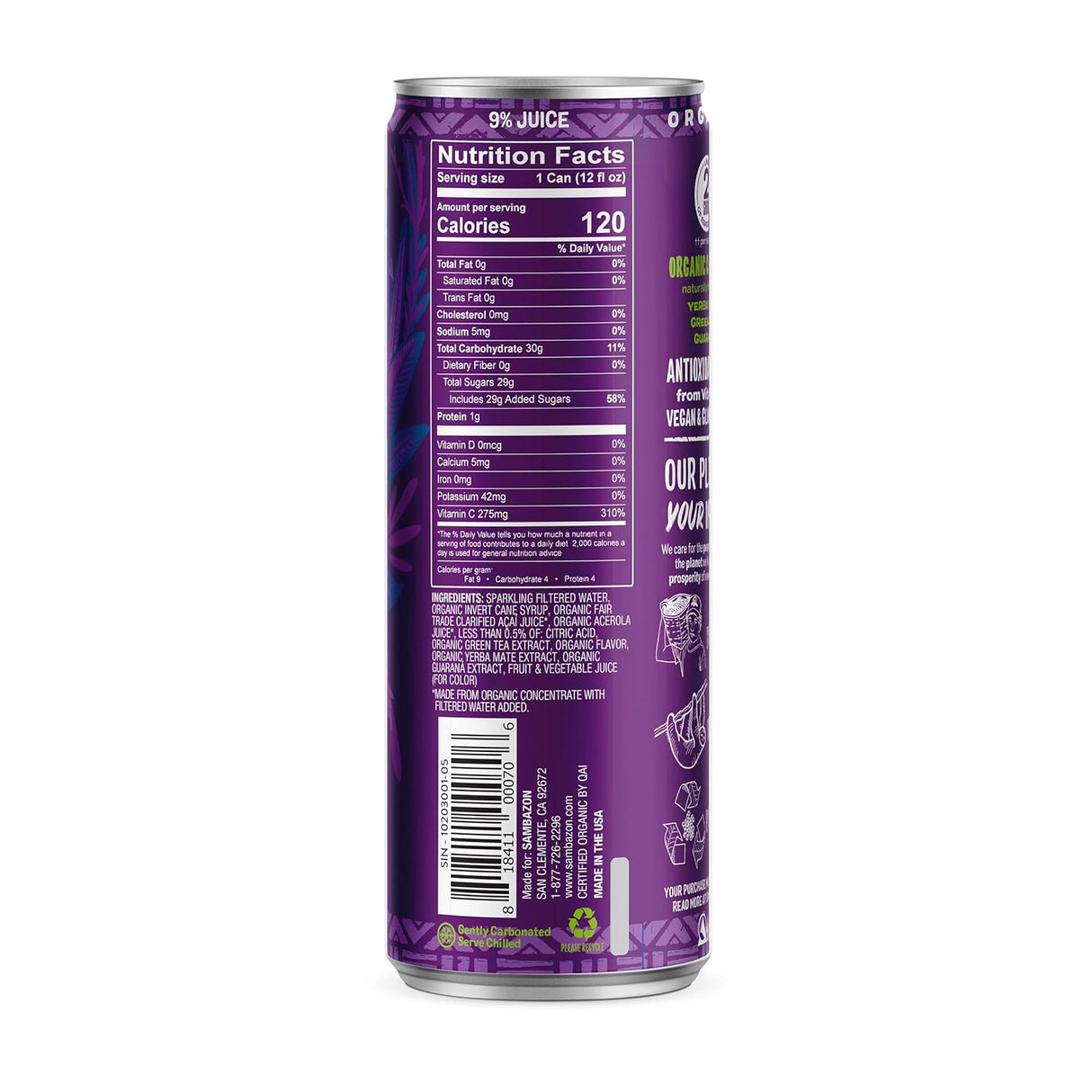 Purple can with nutrition facts label on a white background