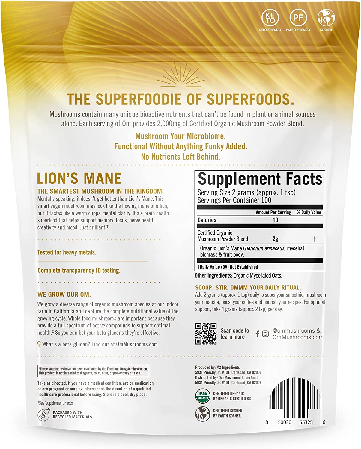 Om Mushroom Superfood Lion's Mane Organic Mushroom Powder, 7.05 Oz - Cozy Farm 