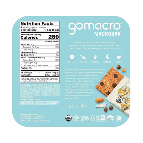 GoMacro Organic MacroBar, Coconut + Chocolate Chip + Almond Butter, 2.3 oz, 4-Bar Box, Case of 7