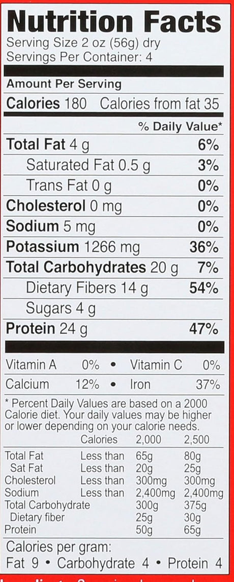 Nutrition facts label for a food product with detailed calorie count and nutritional content.
