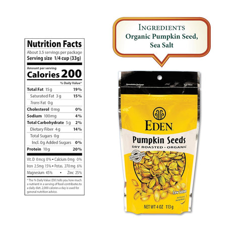 Eden Pumpkin Seeds packaging with nutrition facts label and ingredients listed.