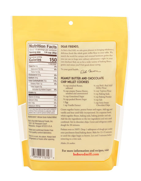 Back of a yellow package with nutritional information and recipe details on a white background