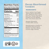 Nutrition facts and ingredients label for pecan shortbread cookies on a blue and beige background.