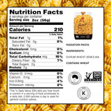 Nutrition facts label for Radiatori Pasta with product image and certification logos on a pasta background.