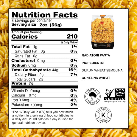 Nutrition facts label for Radiatori Pasta with product image and certification logos on a pasta background.