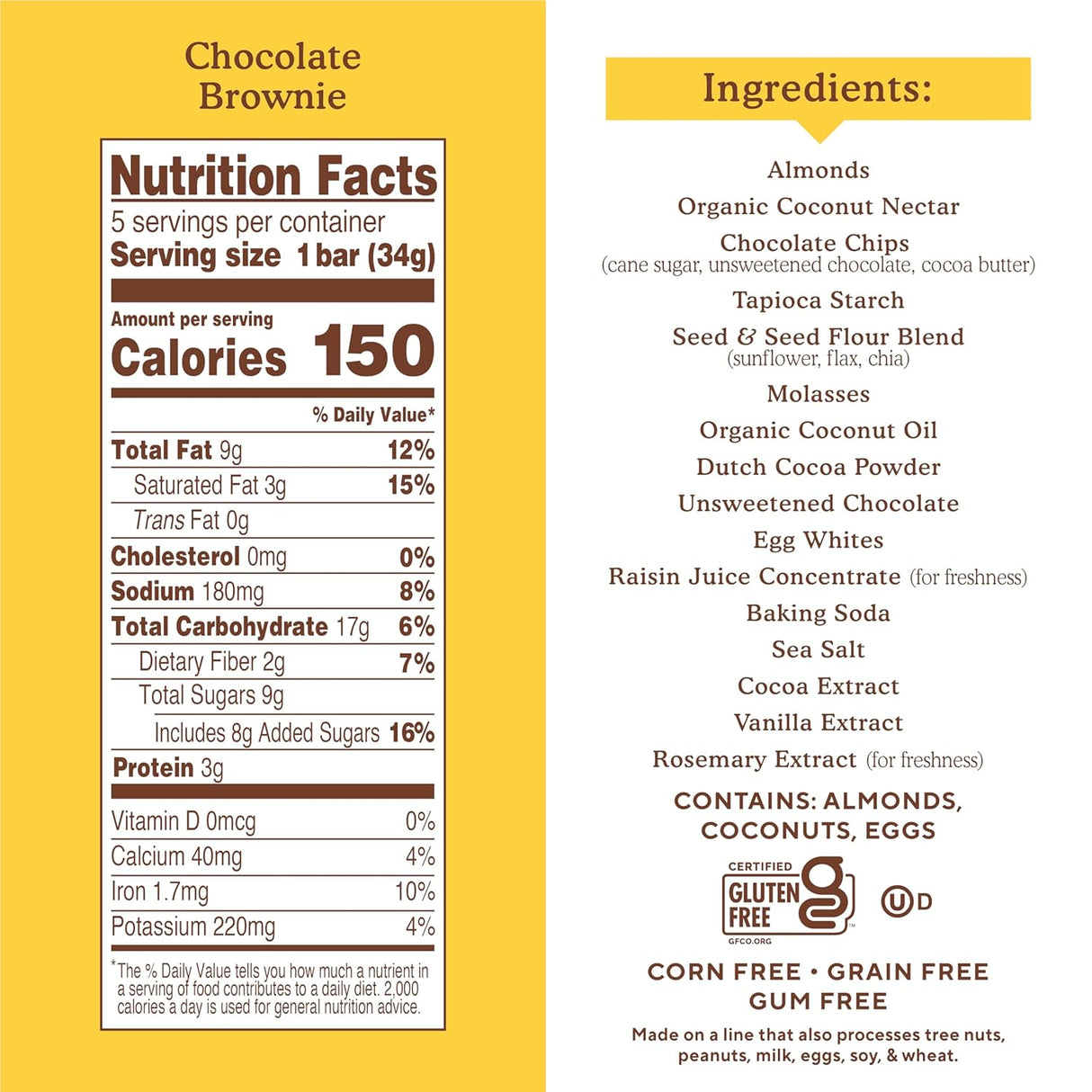 Nutrition facts and ingredients label for a chocolate brownie bar on a yellow background