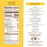 Nutrition facts and ingredients label for a chocolate brownie bar on a yellow background