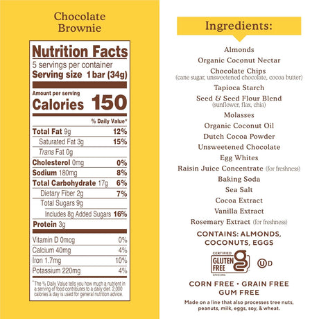 Nutrition facts and ingredients label for a chocolate brownie bar on a yellow background