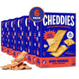 Box of Cheddies Spicy Cheddar Cheesy Crackers with a stack of crackers in front on a white background