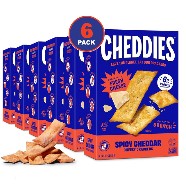 Box of Cheddies Spicy Cheddar Cheesy Crackers with a stack of crackers in front on a white background