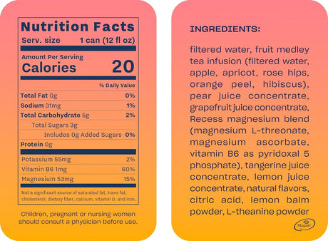 Recess Sparkling Water, Grapefruit Tangerine + Magnesium, 12 fl oz, 12-Pack