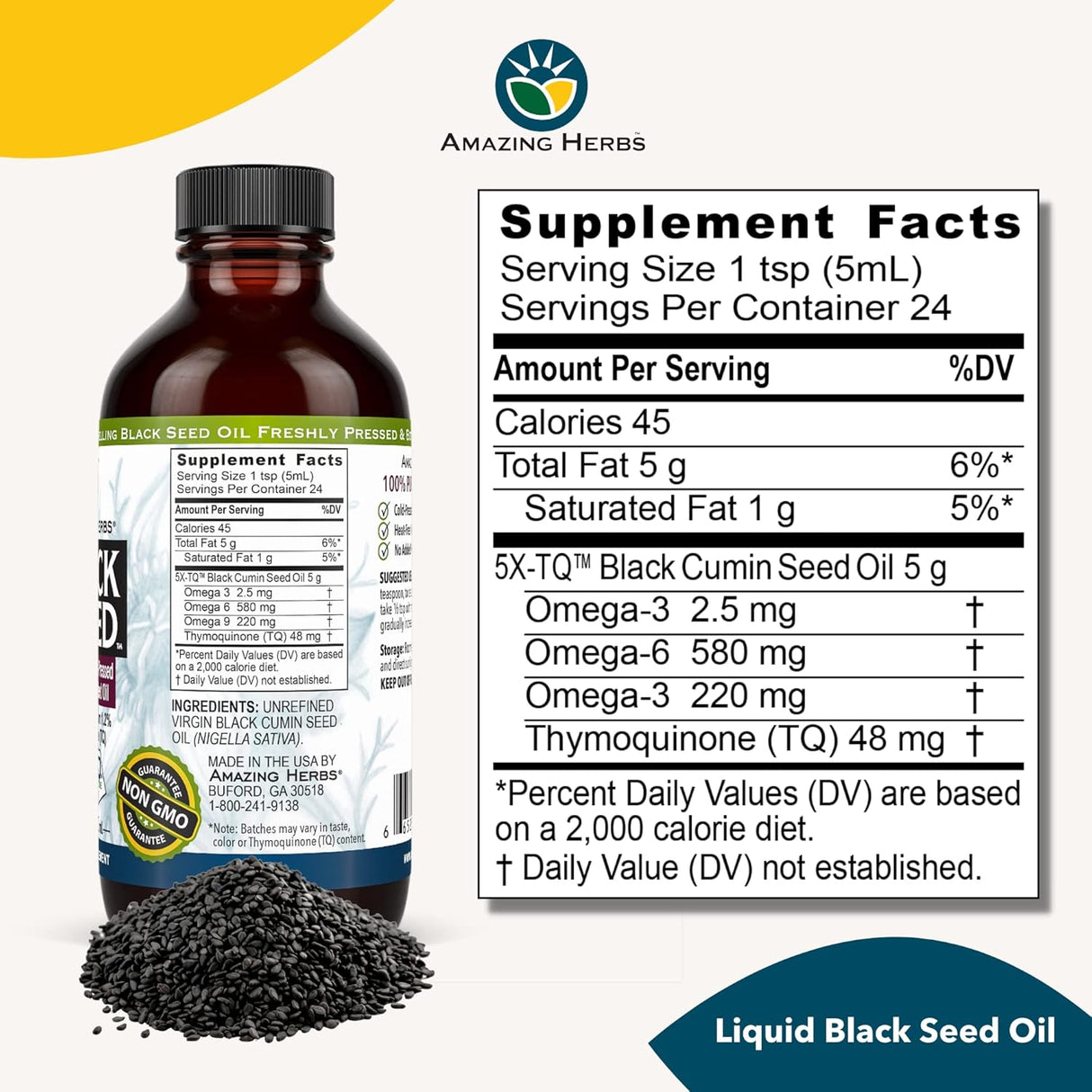 Bottle of Liquid Black Seed Oil with supplement facts label on a white background