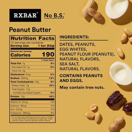 RXBAR Peanut Butter Protein Bar, 1.83 Oz. (Pack of 12)
