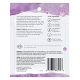 Back of a product packaging with text and icons on a purple background