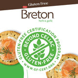 Dare Breton gluten-free crackers with herb and garlic flavor, featuring a certification logo for gluten-free status.