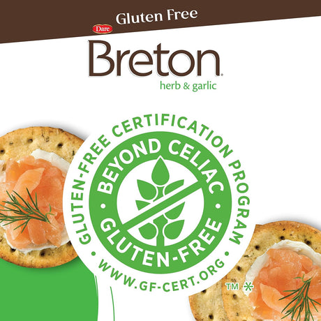 Dare Breton gluten-free crackers with herb and garlic flavor, featuring a certification logo for gluten-free status.