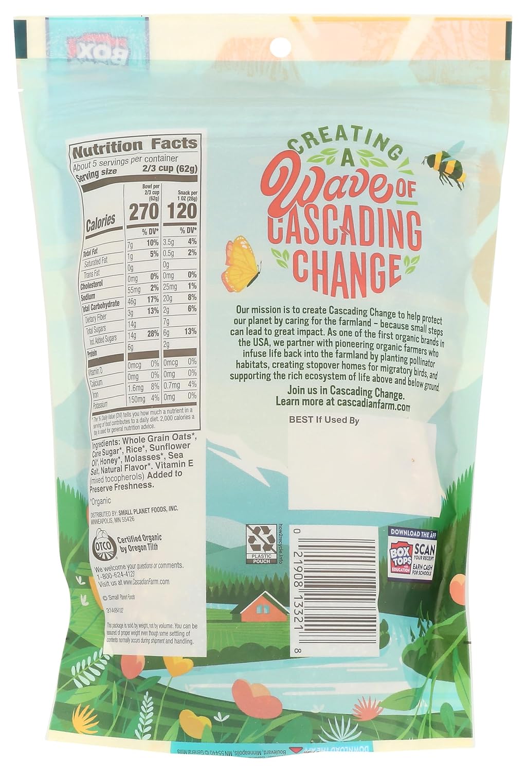 Back of a snack package with environmental message and graphics