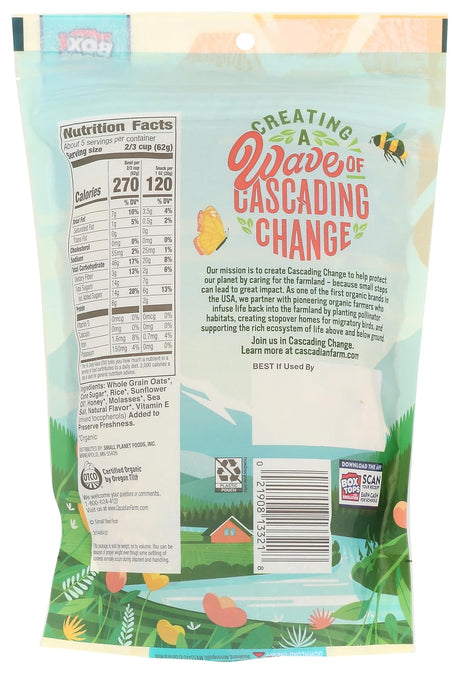 Back of a snack package with environmental message and graphics