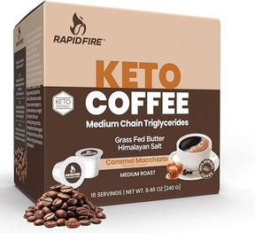 Box of Rapidfire Keto Coffee with coffee beans on a white background
