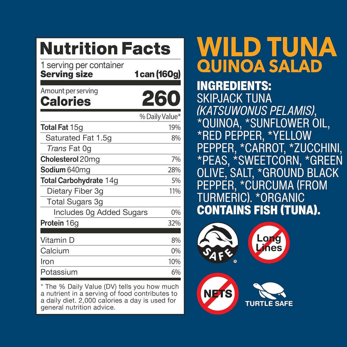 Nutrition facts label and ingredients list for Wild Tuna Quinoa Salad on a blue background
