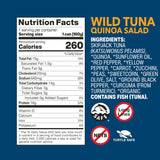 Nutrition facts label and ingredients list for Wild Tuna Quinoa Salad on a blue background
