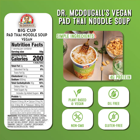 Dr. McDougall's Plant-Based Pad Thai Noodle Soup Big Cup, Pack of 6, 2 Oz.