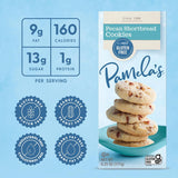 Pamela's Pecan Shortbread Cookies packaging with nutritional information on a blue background