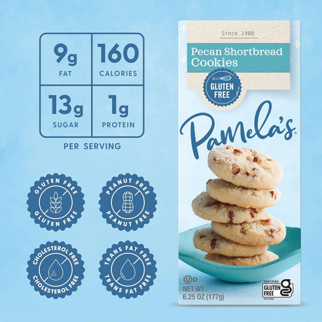 Pamela's Pecan Shortbread Cookies packaging with nutritional information on a blue background