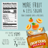 Crofter's Organic Apricot Jam label with nutritional information and product image on a light blue background.