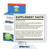 Supplement facts label for DiVertigo product with text and branding.